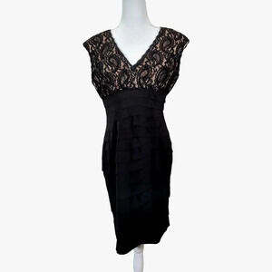 Jones Wear Black Lace Formal Dress Cap Sleeve Tiered Layered Size 8